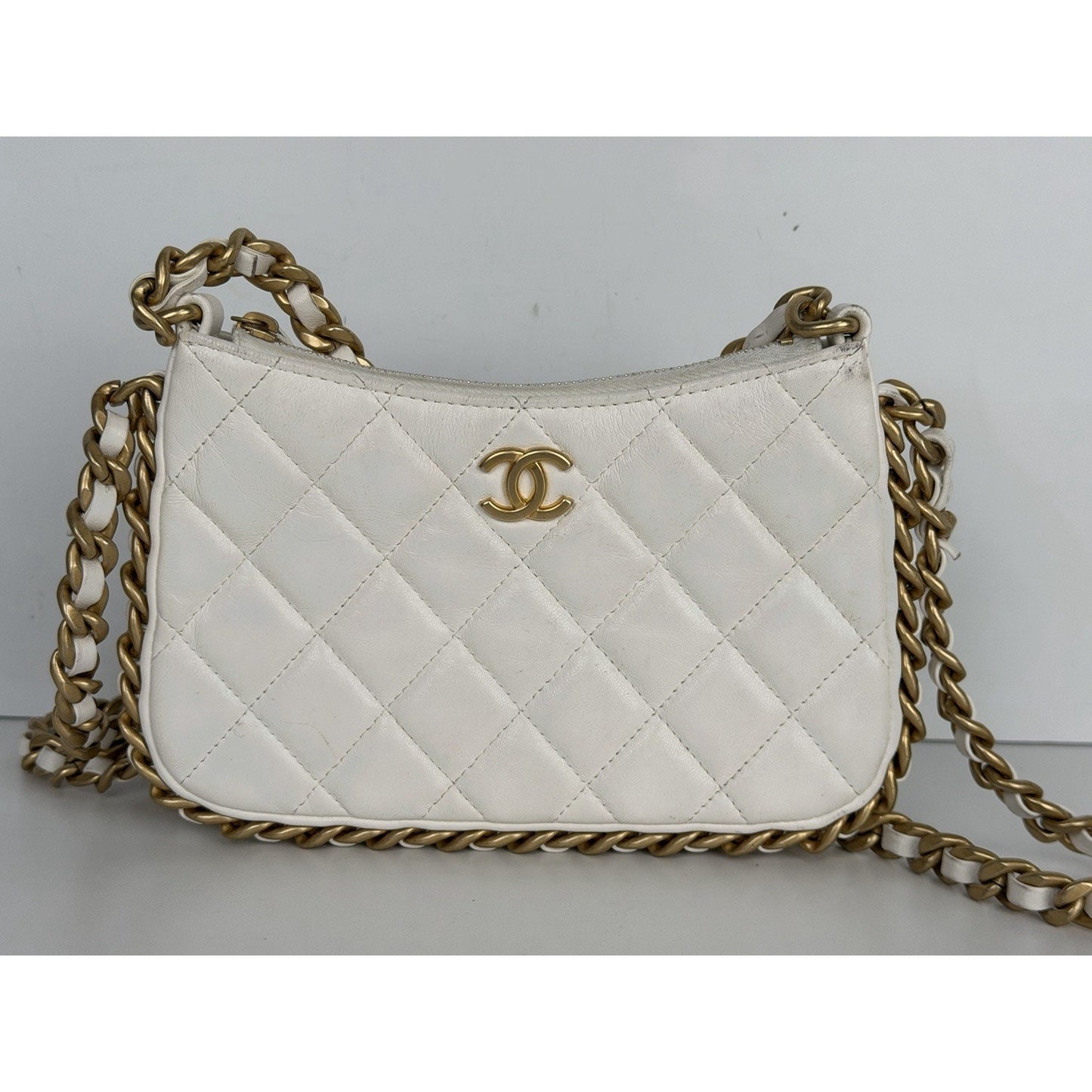 Chanel Lambskin Quilted Chain Around Top Handle Mini Bag White NFC D4