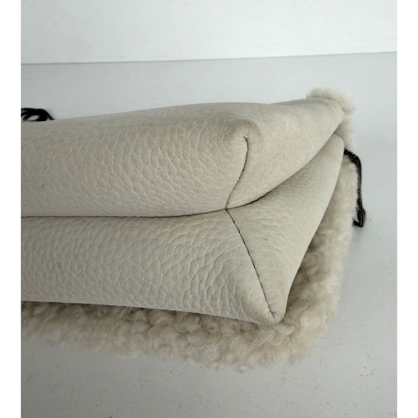 Brunello Cucinelli Shoulder Bag with Shearling Trim in Off-White Leather S15