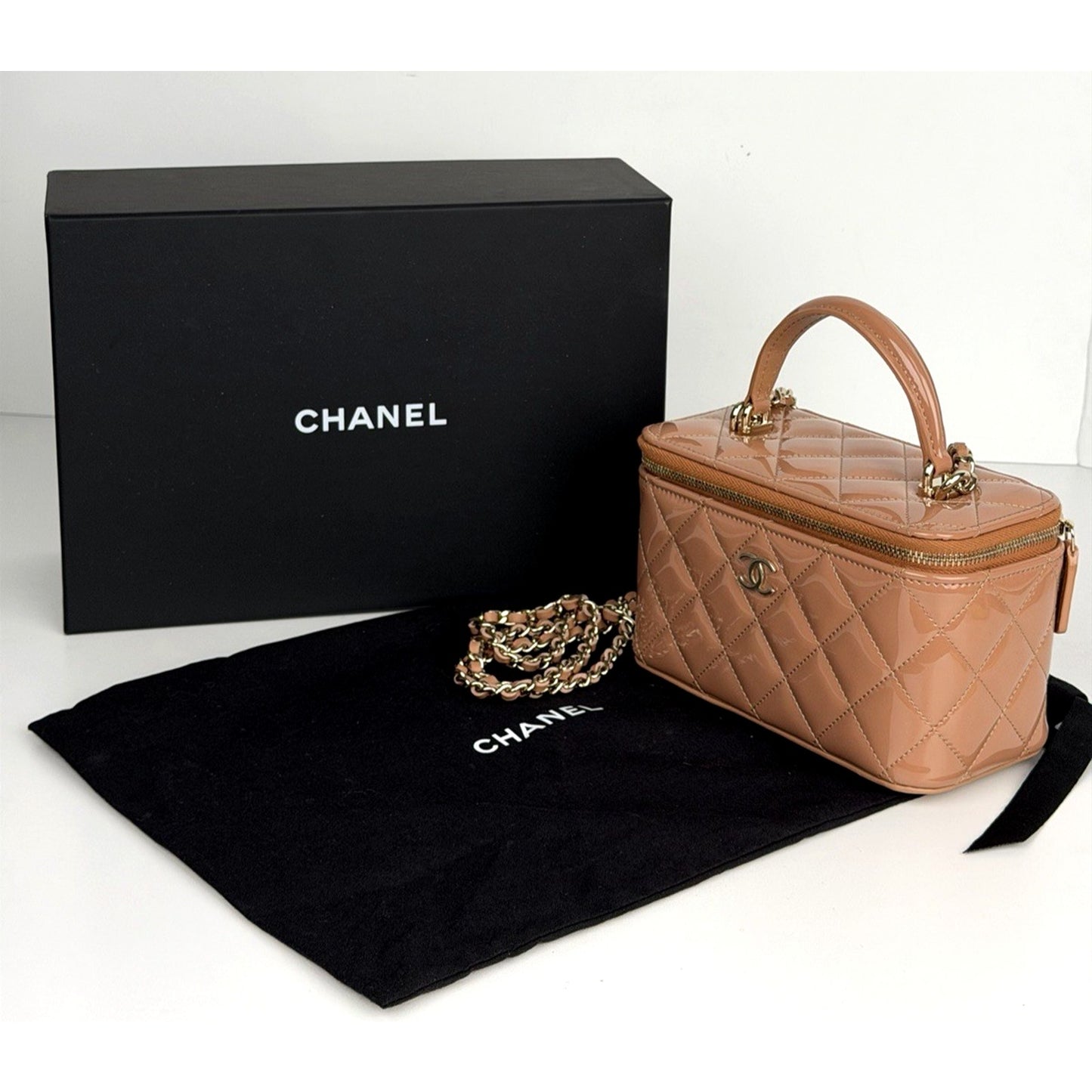 Chanel Vanity Case Small Top Handle Bag in Glossy Beige With Chain NFC B1