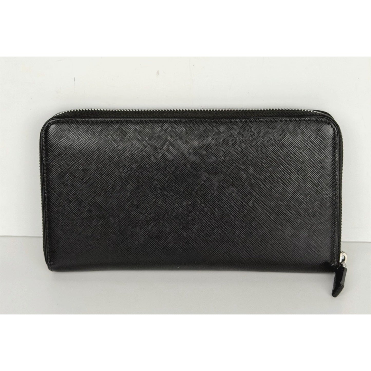 Prada Long Wallet Zip-Around in Black Saffiano Leather Silver-Tone Hardware