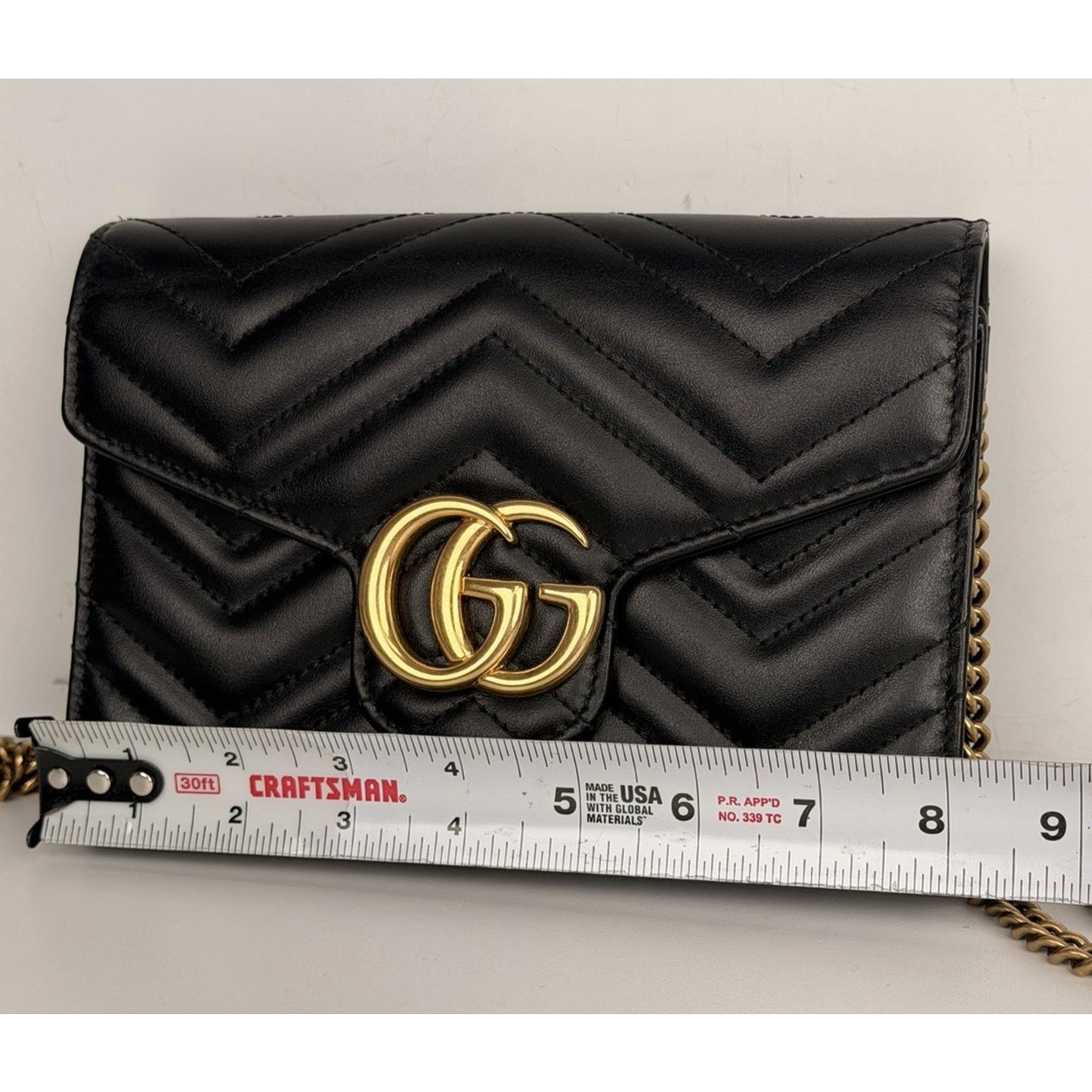 Gucci GG Marmont Shoulder Bag Mini Black Matelasse Leather & Gold-Tone Chain S06
