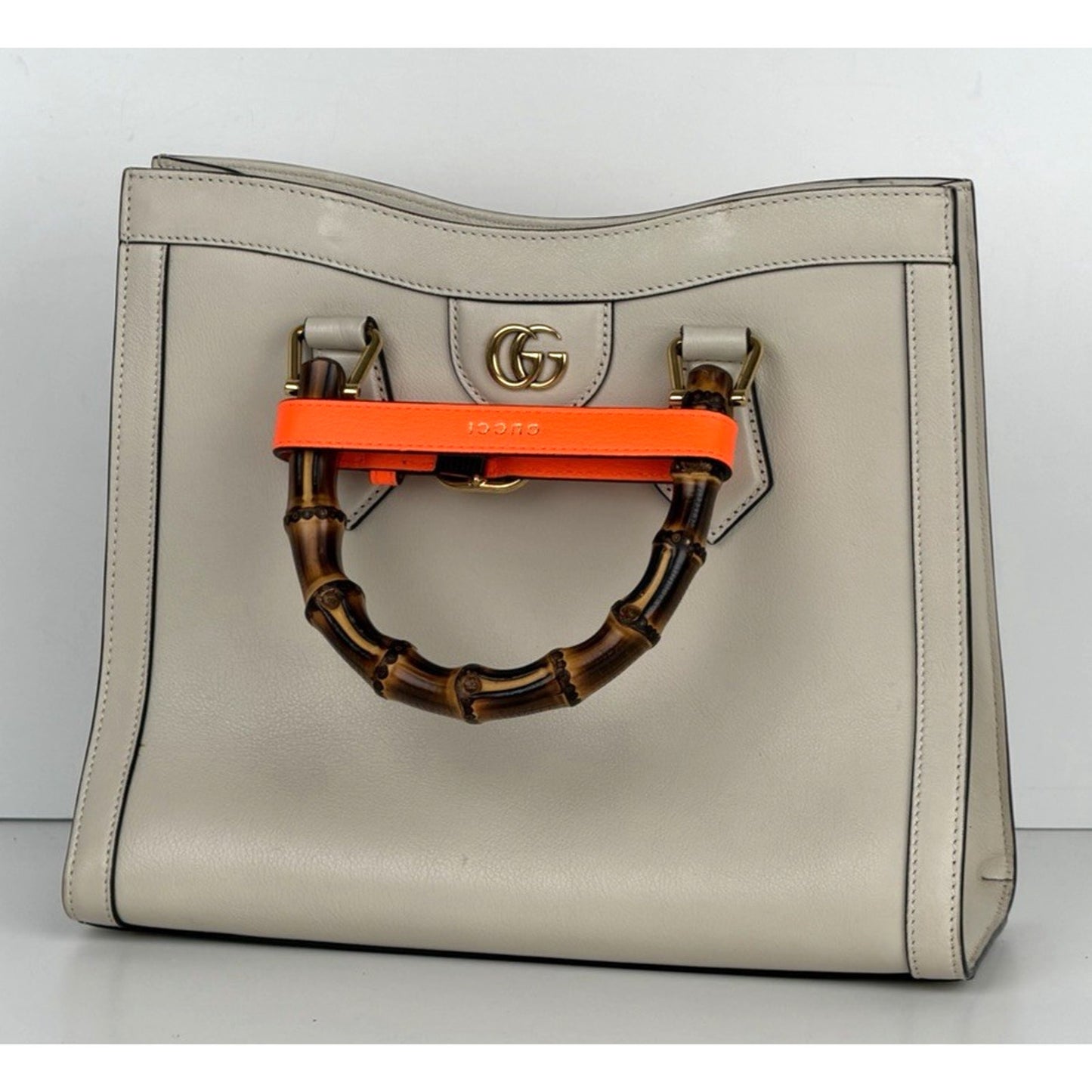Gucci Diana Small Tote Bag in Beige with Orange Fluo Leather Bamboo Handles B5