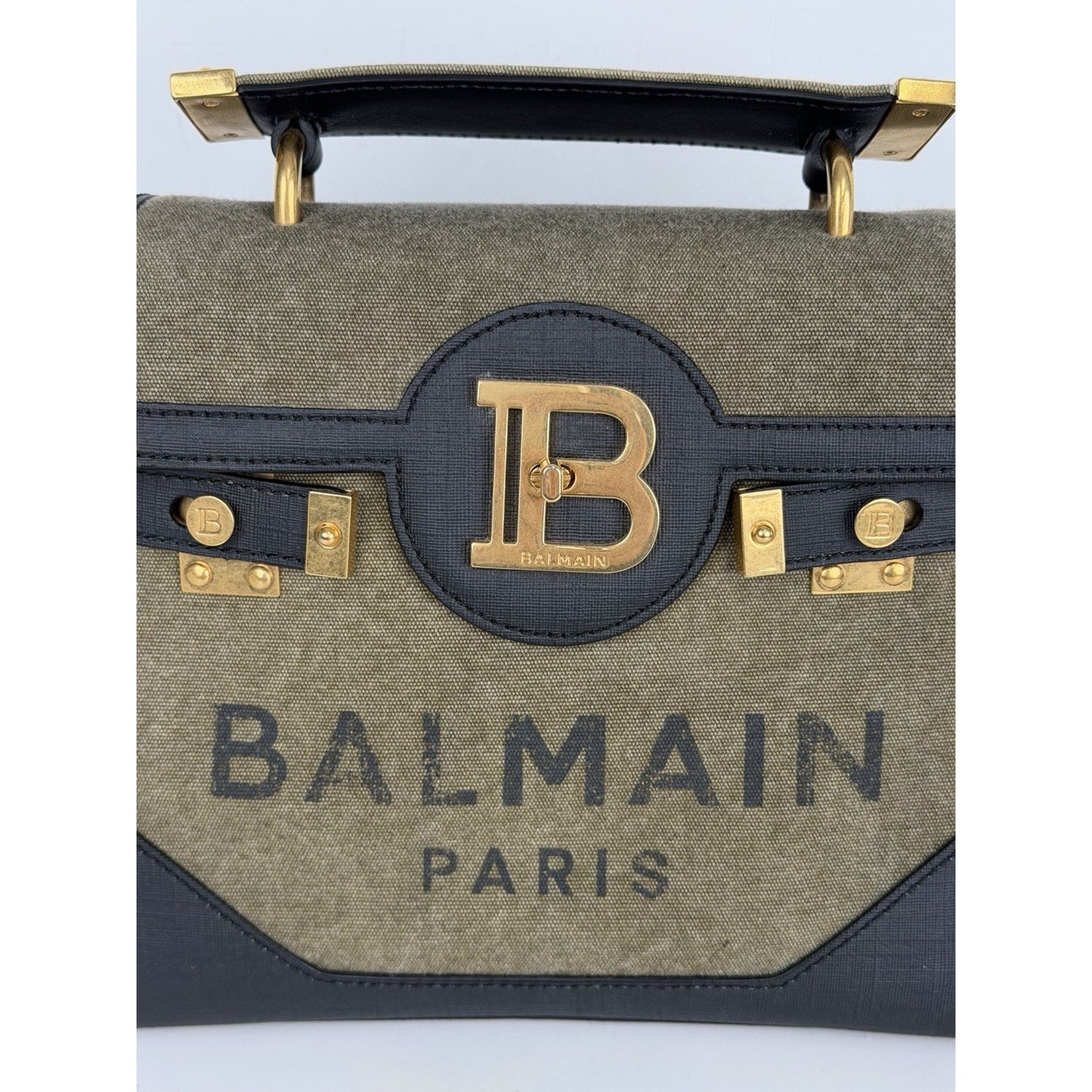 Balmain B-Buzz 23 Bag in Khaki Canvas & Black Leather with Gold-Tone Hardware S4