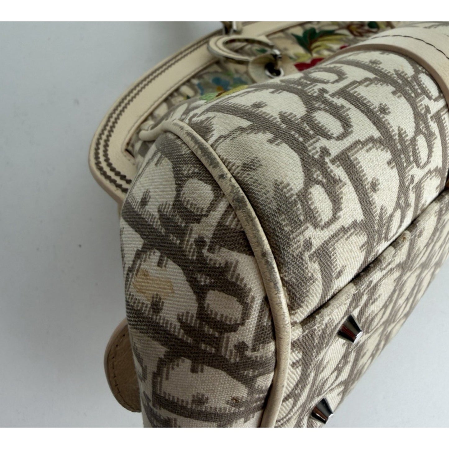 Christian Dior Trotter Bowling Bag Beige Diorissimo Canvas Floral Embroidered S7