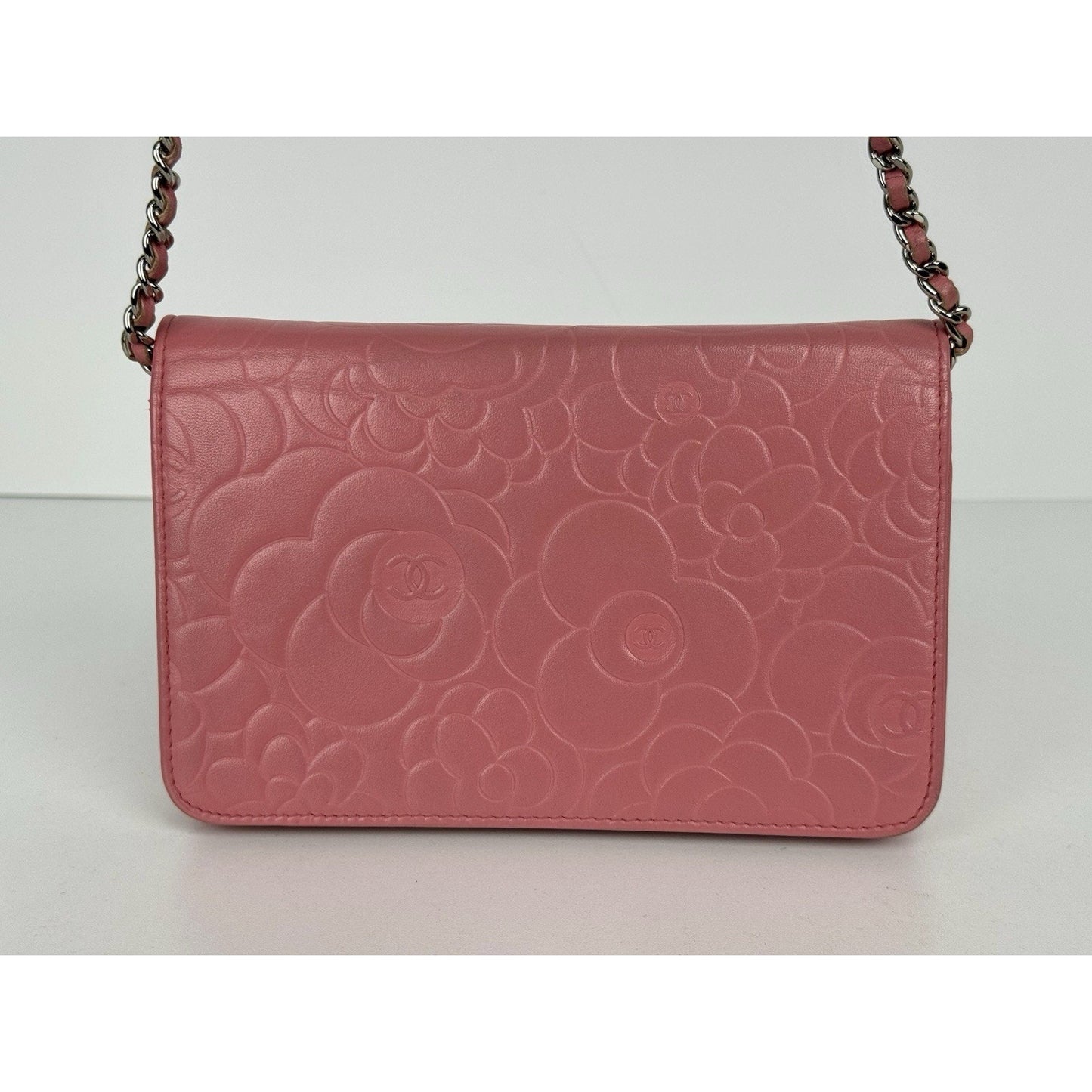Chanel Camellia Wallet on Chain Pink Embossed Lambskin Silver Hardware B-9