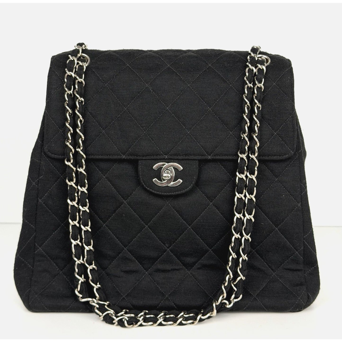 Chanel Black Cotton Two Side Flap Quilted Shoulder Bag Interlocking CC 1996-1997