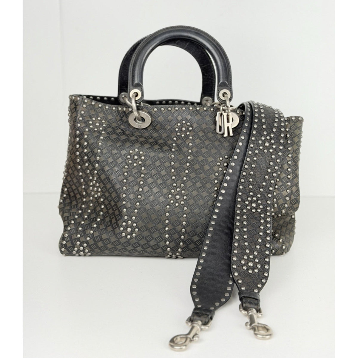 Christian Dior Lady Dior Studded Medium Top Handle Bag Black Leather NFC D8