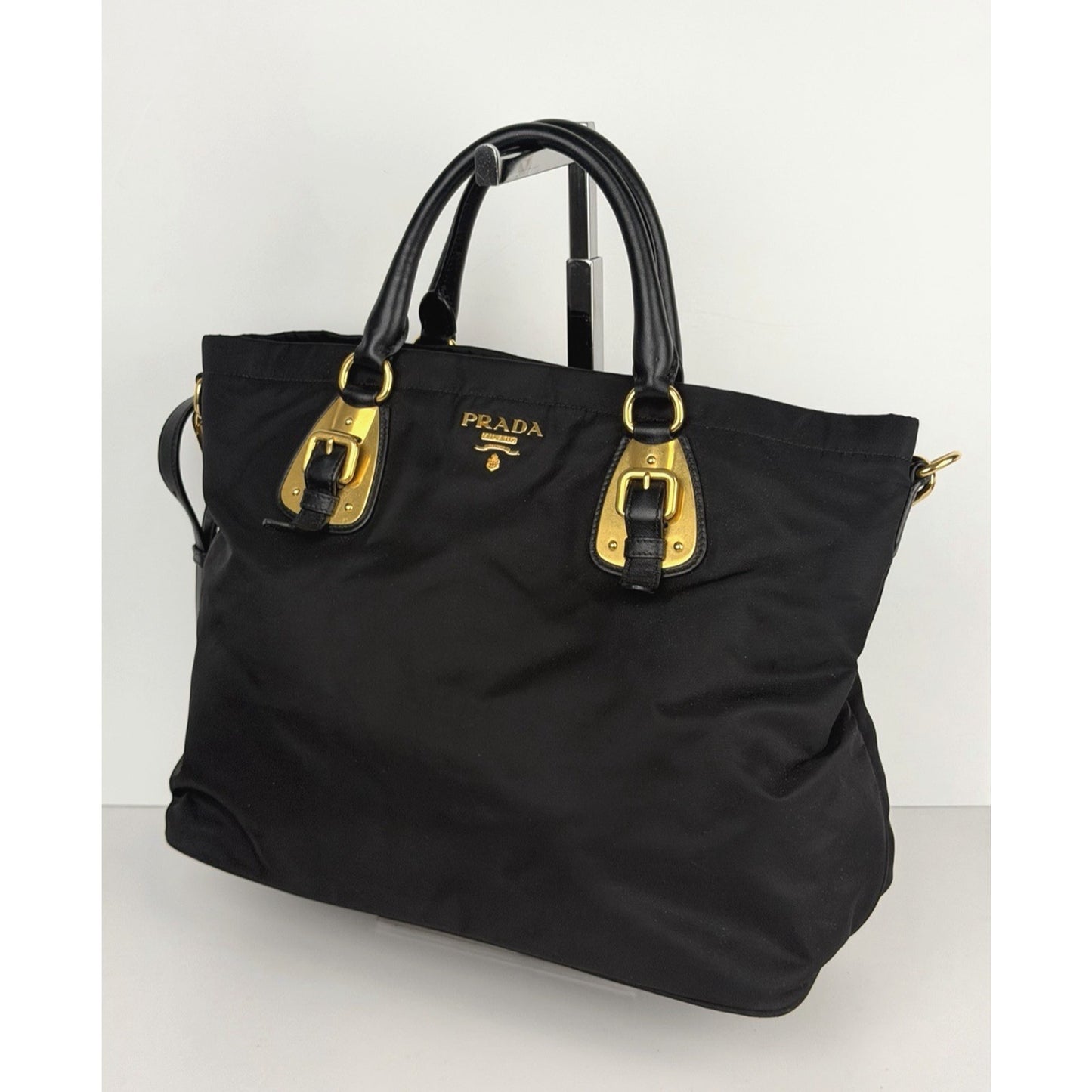 Prada Tessuto Tote Bag in Black Nylon with Gold Hardware Buckle Accents S