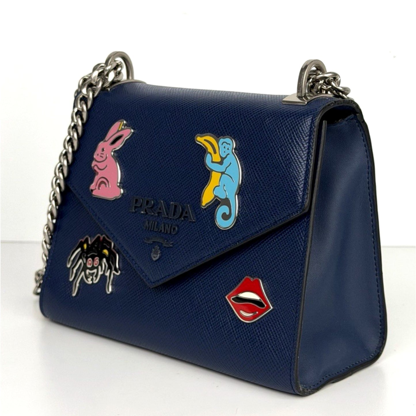 Prada Saffiano Cuir Leather Shoulder Bag Monochrome Small Metal Patches S-03