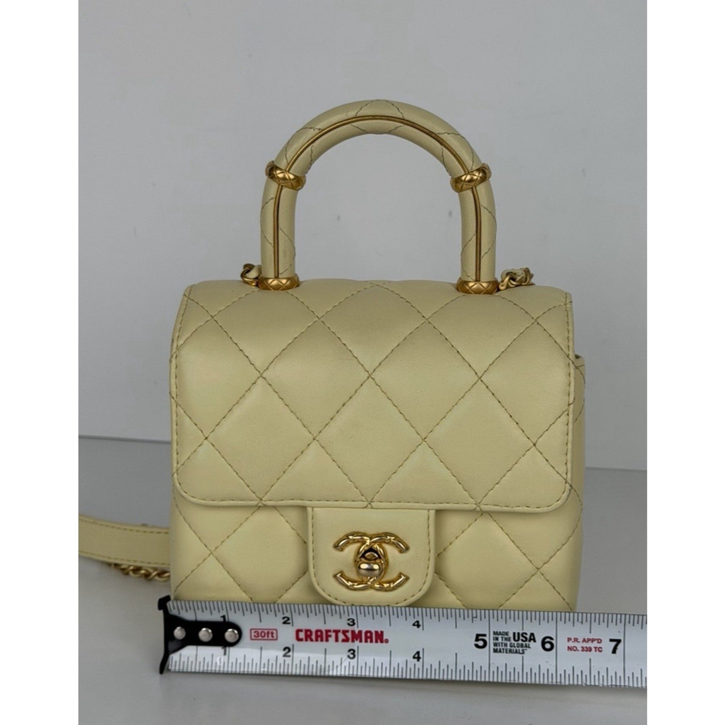 Chanel Crush Top Handle Mini Flap Bag in Pale Yellow or Ivory Leather D5
