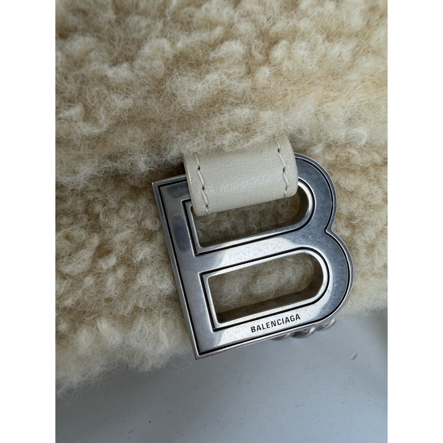 Balenciaga Hourglass Chain Shoulder Bag Small in Beige Curly Faux Shearling C-9