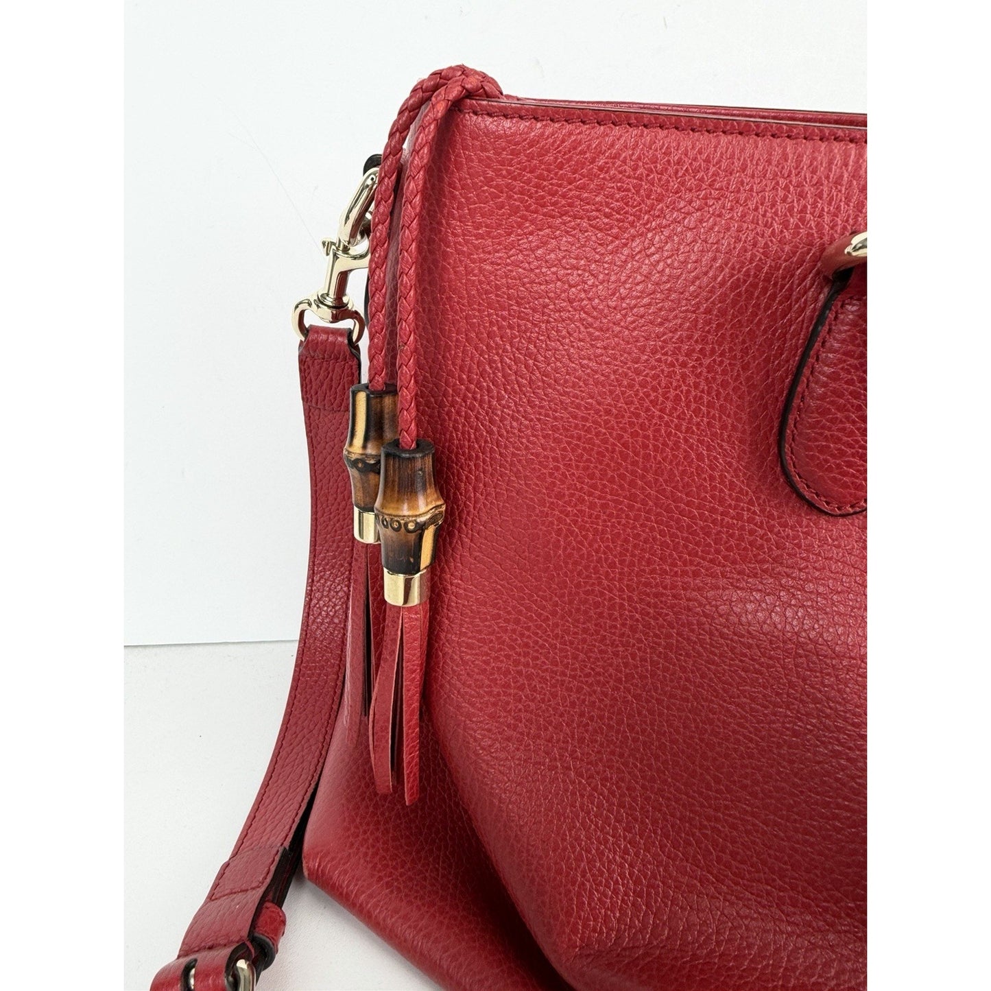 Gucci Braided & Bamboo Accent Tassel Tote Bag Medium in Red Leather S-13