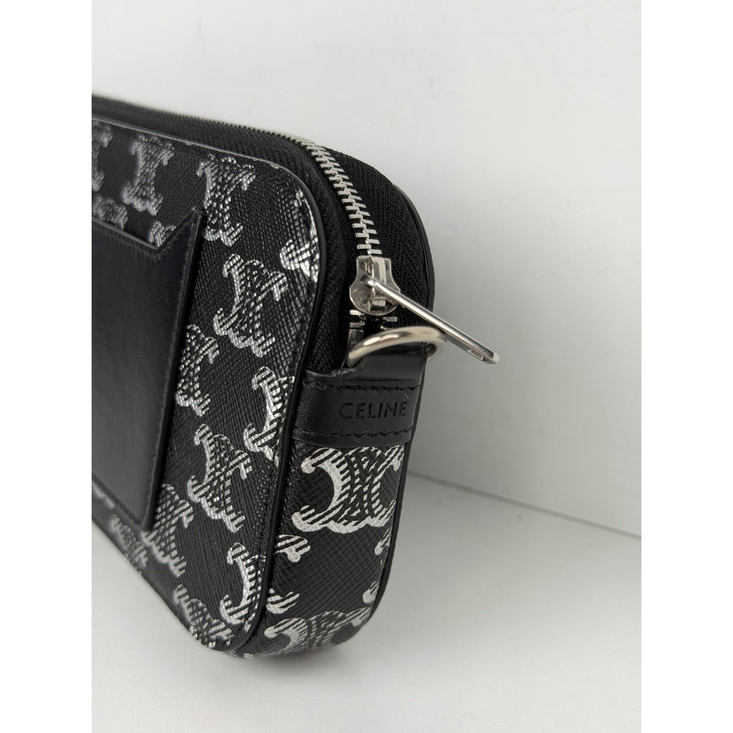 Celine Triomphe Horizontal Pouch Black Coated Canvas Smooth Calfskin Trim K2