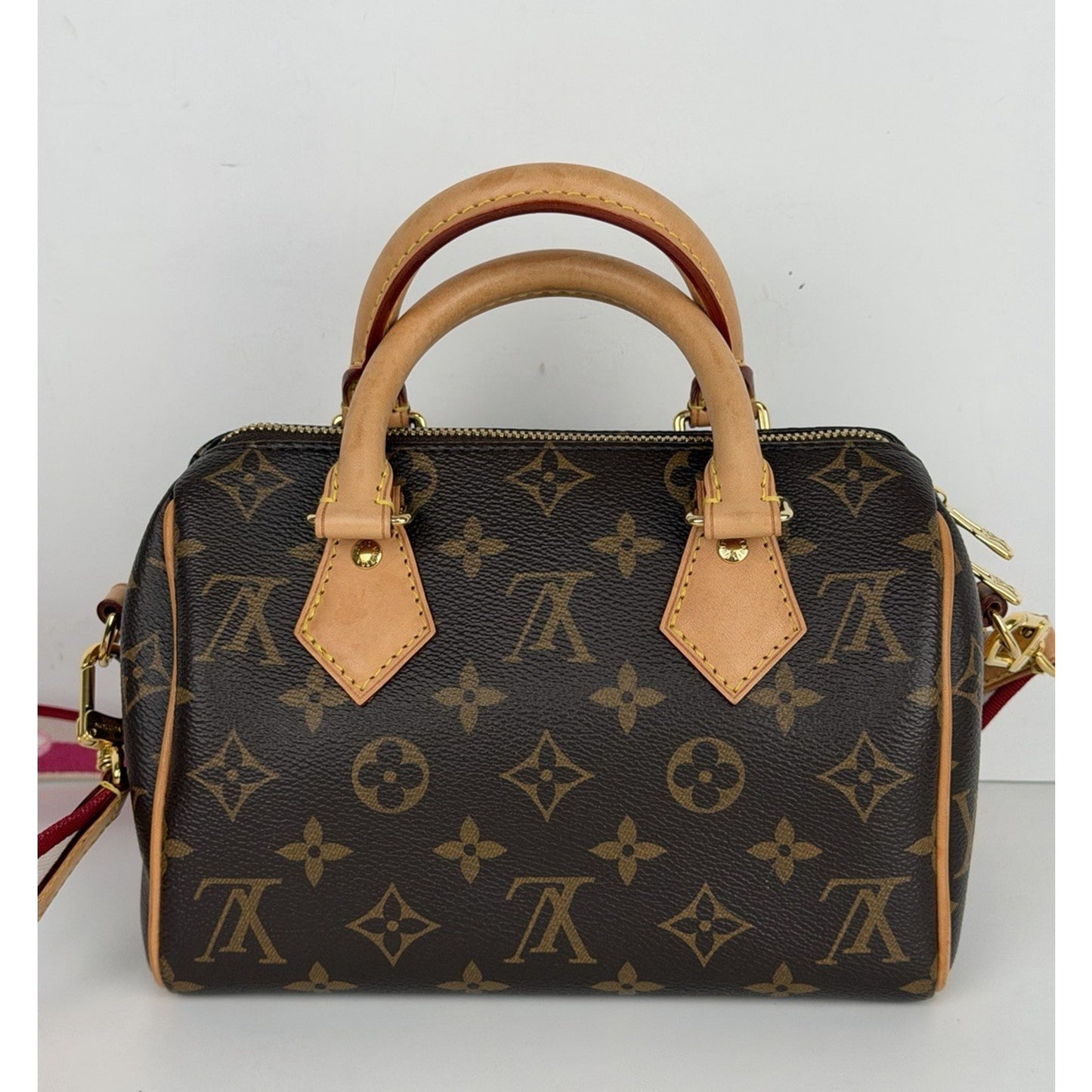 Louis Vuitton Speedy 20 HandBag Bandouliere Monogram Canvas & Pink Strap NFC E1