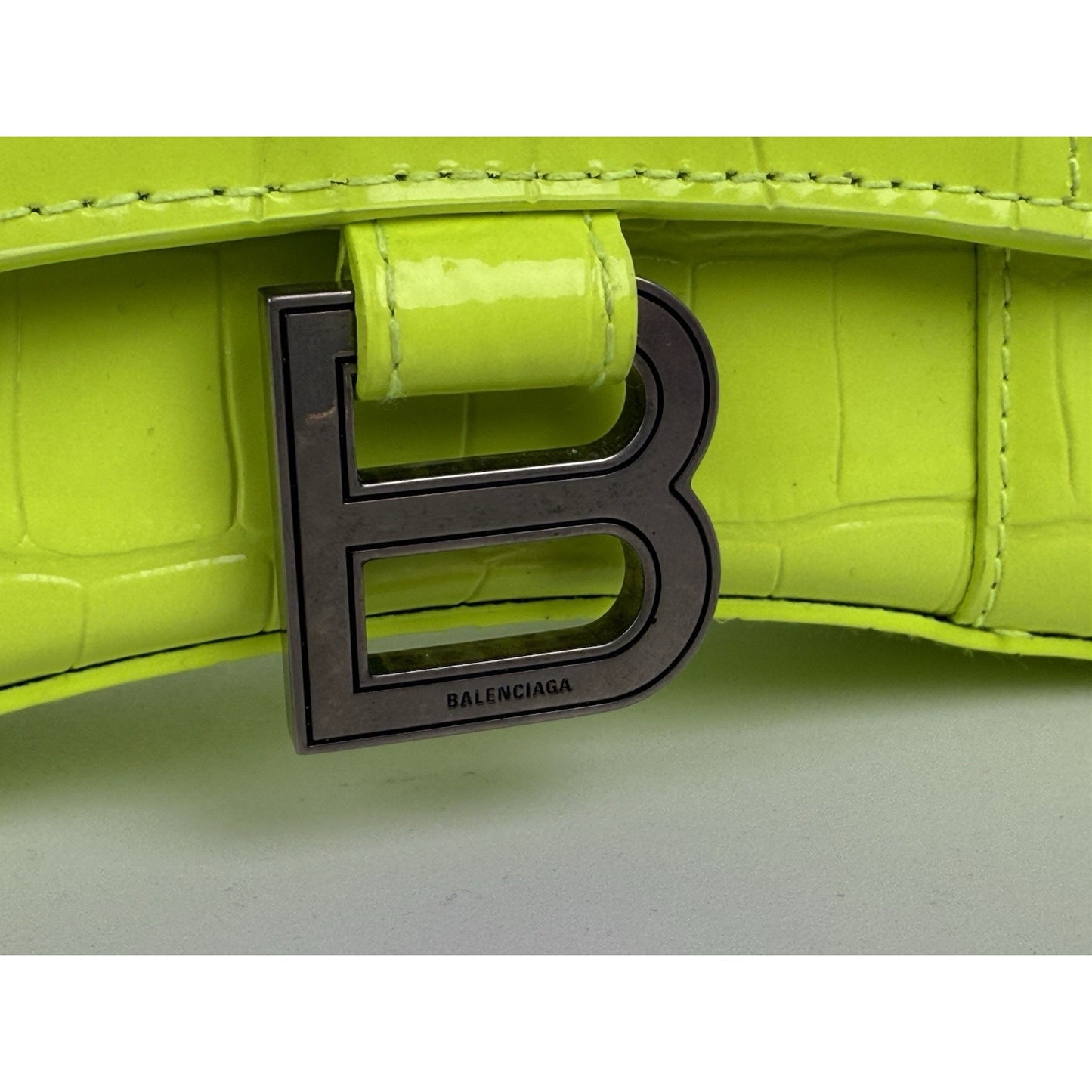 BALENCIAGA Crocodile Embossed Neon Green Leather Hourglass Top Handle Bag