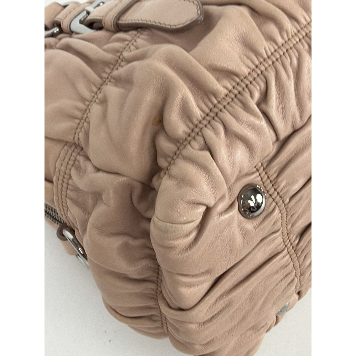 Prada Nappa Gaufre Satchel Shoulder Bag in Beige Leather Silver-Tone Hardware S7