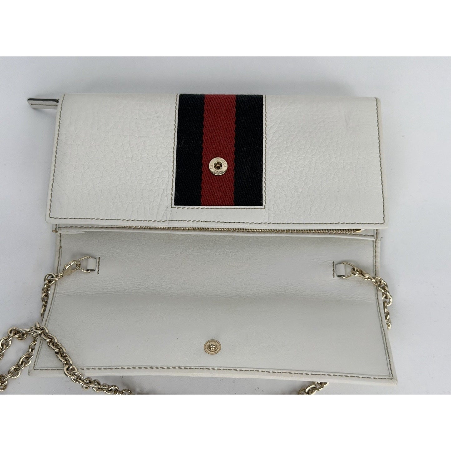 Gucci Horsebit Chain Clutch Web Wallet in White Leather Gold-Tone Hardware