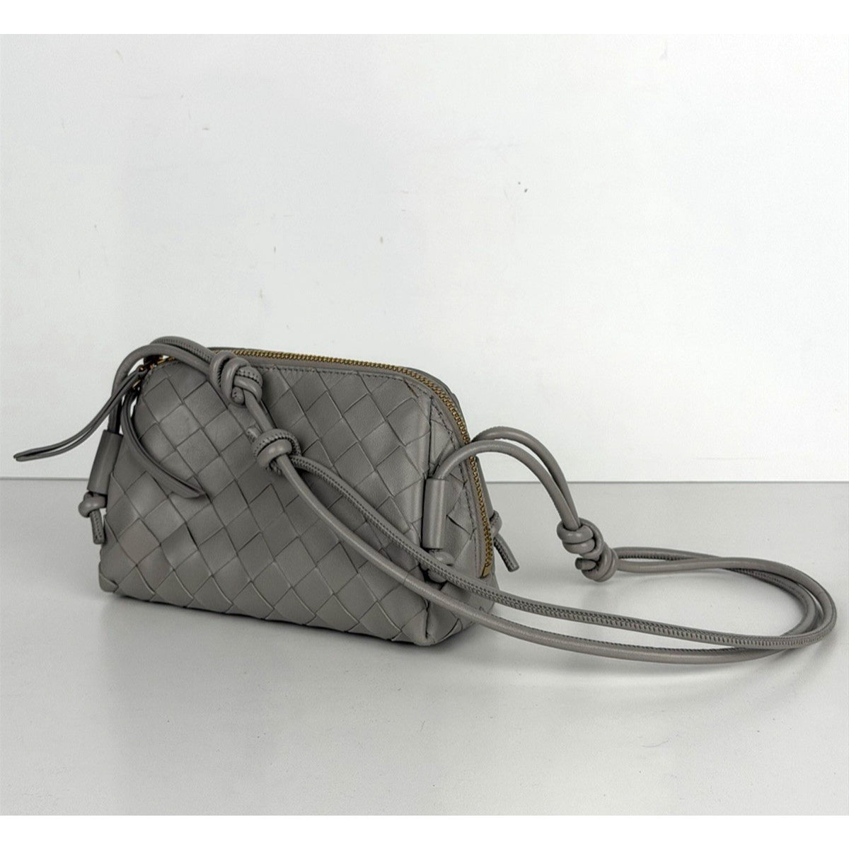 Bottega Veneta Concert Pouch Crossbody Bag Mini in Gray Intrecciato Leather E-1