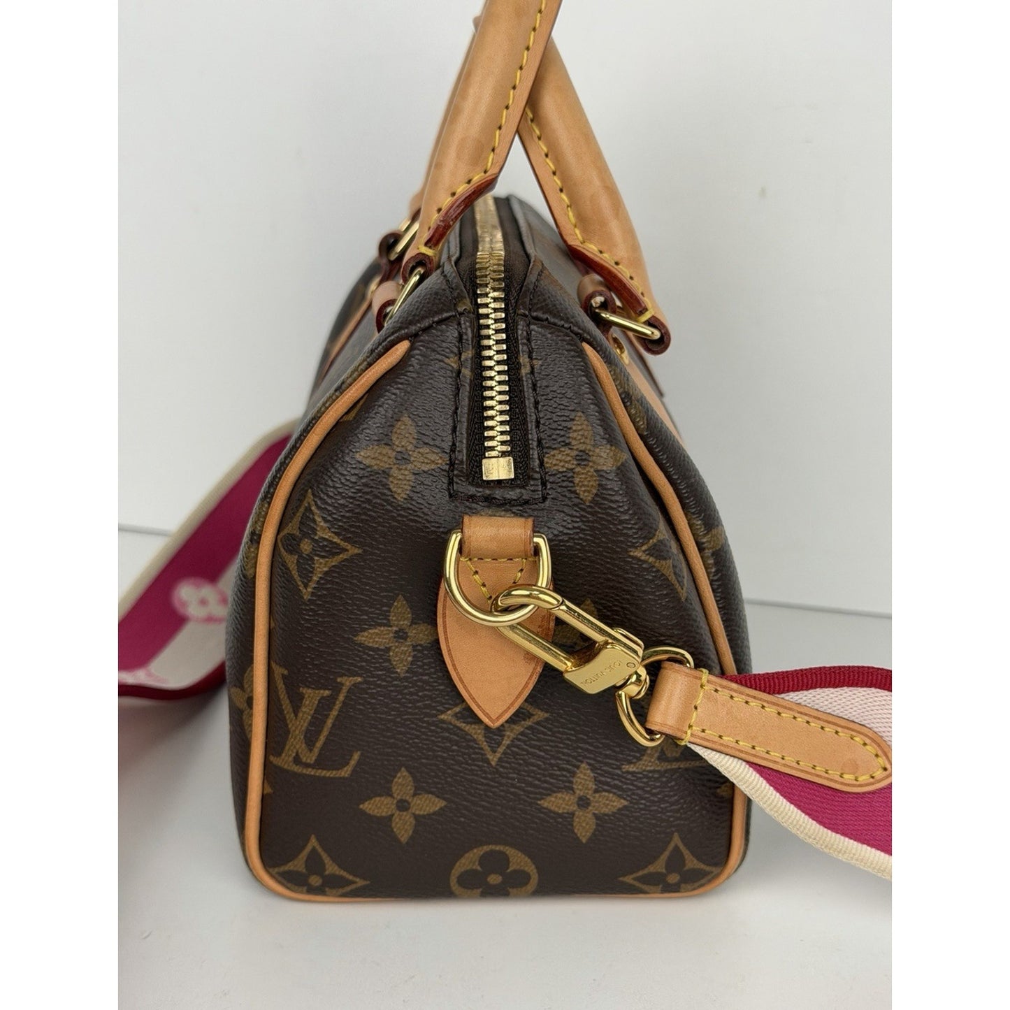 Louis Vuitton Speedy 20 HandBag Bandouliere Monogram Canvas & Pink Strap NFC E1
