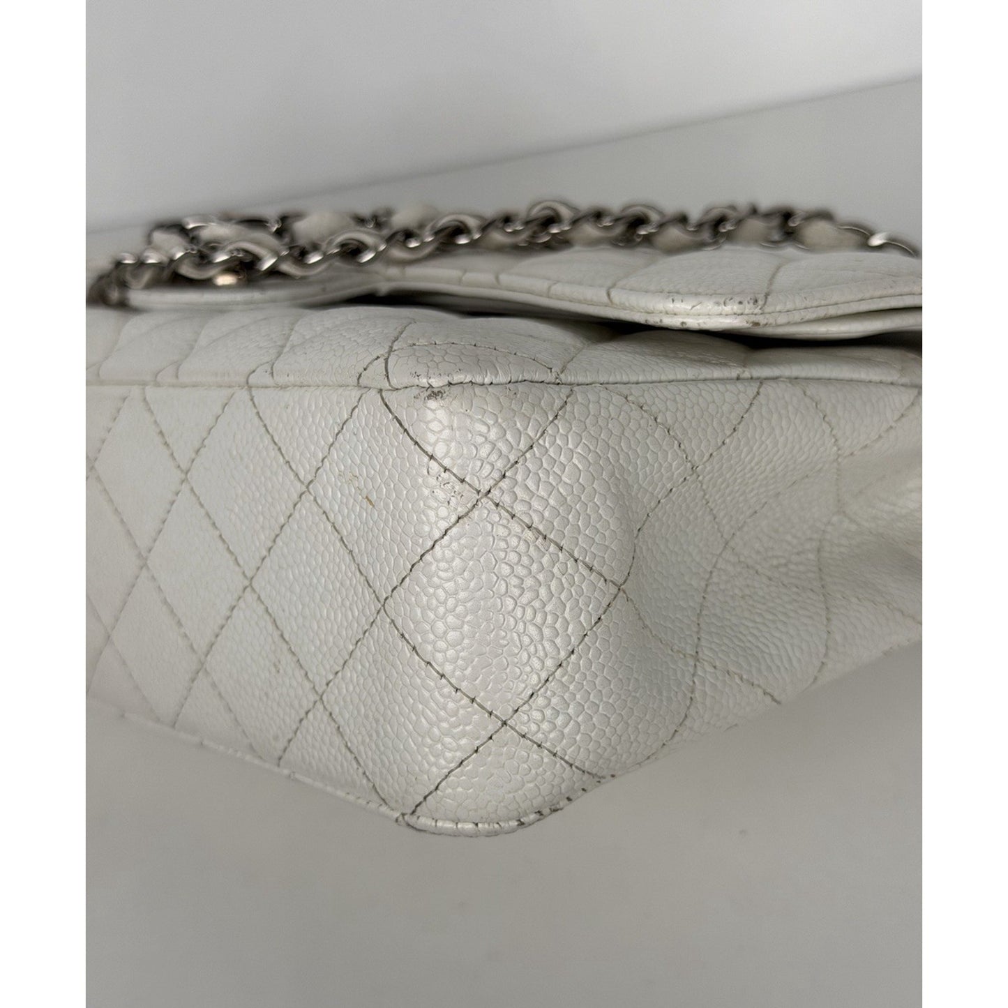 Chanel Classic Medium Double Flap Shoulder Bag in White Caviar Leather 2005-2006 B1