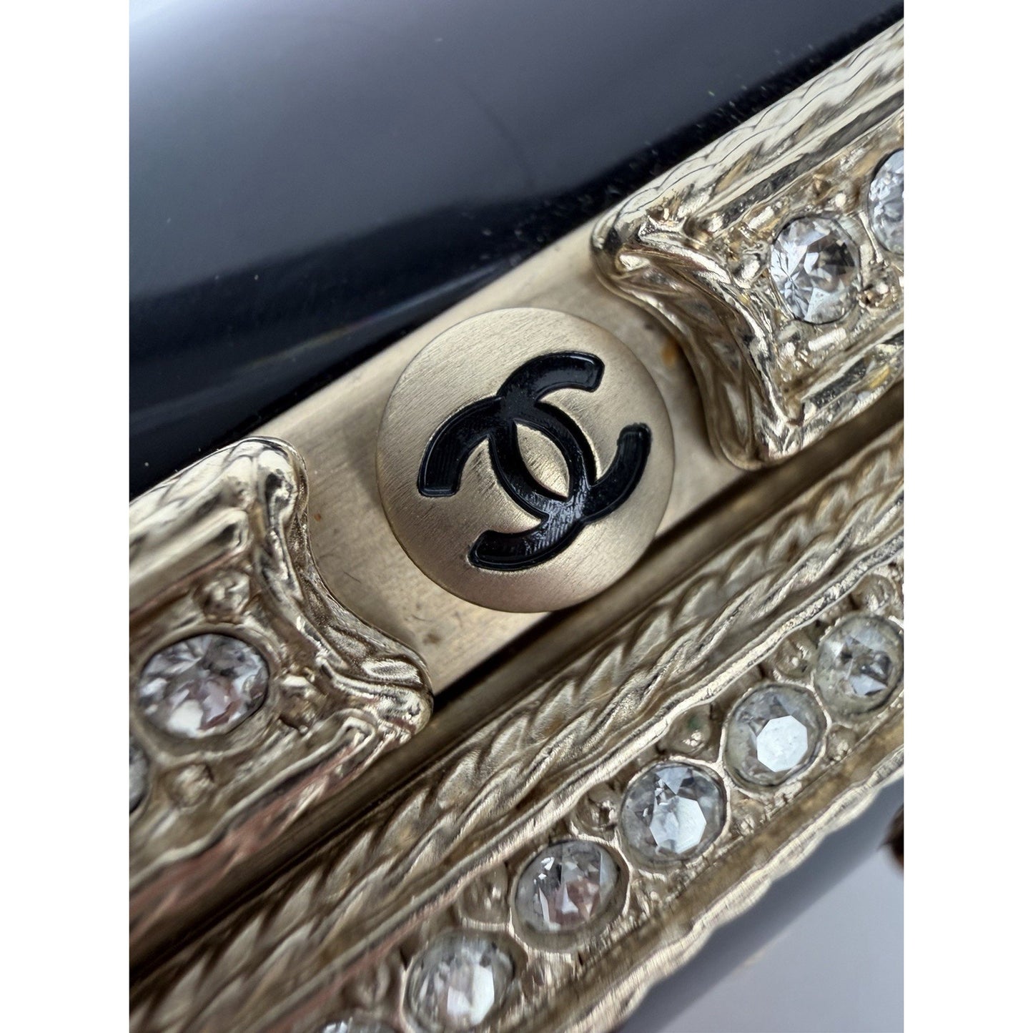 Chanel Resin & Crystal CC Hinged Cuff Wide Bracelet in Black & Gold