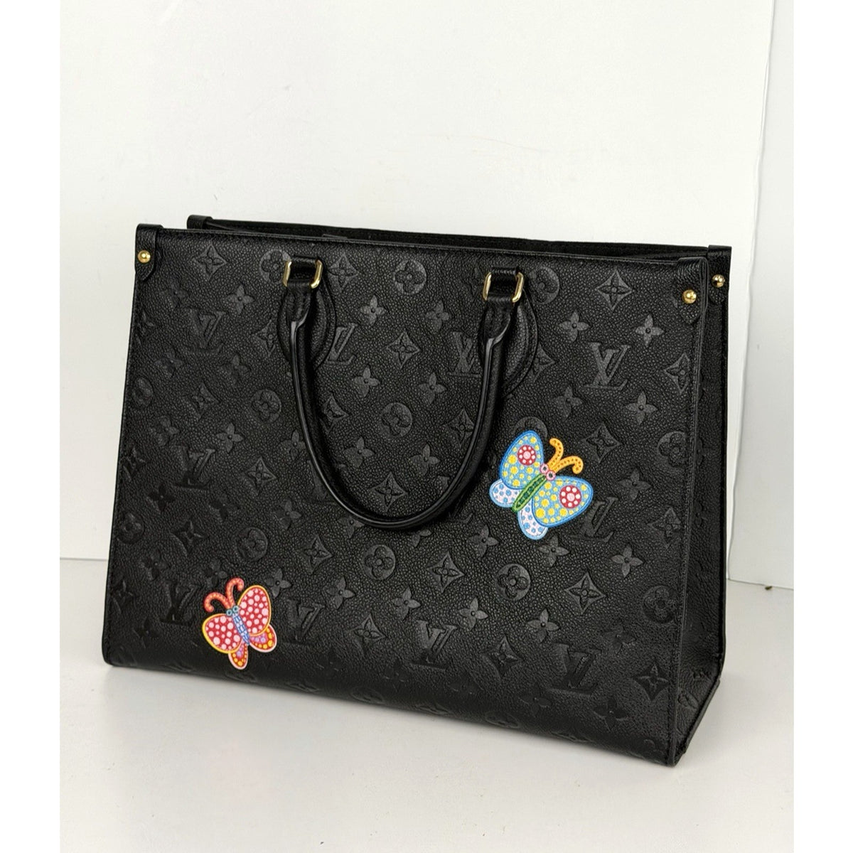 Louis Vuitton Kusama Flowers OnTheGo MM Handbag Black Empreinte Leather NFC D4