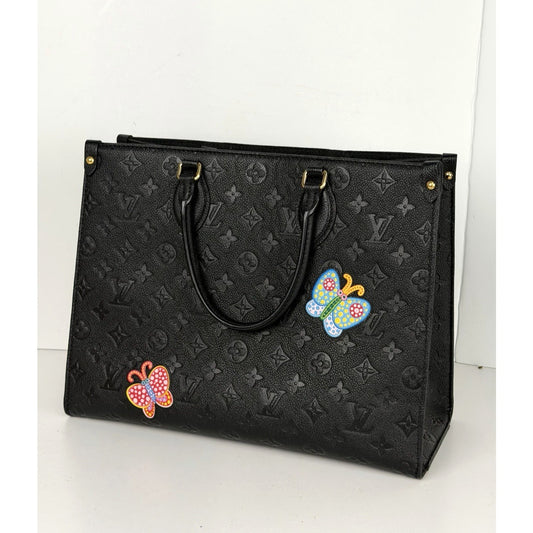Louis Vuitton Kusama Flowers OnTheGo MM Handbag Black Empreinte Leather NFC D4