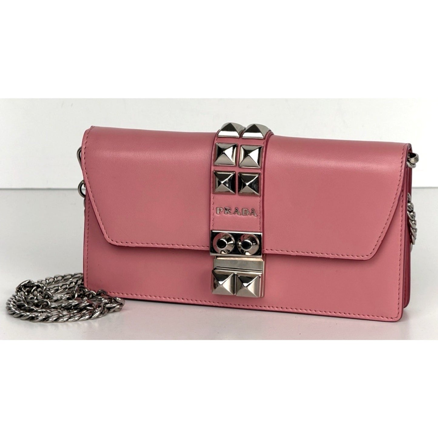 Prada City Elektra Crossbody Wallet on Chain Bag Mini in Pink Calfskin Studded S