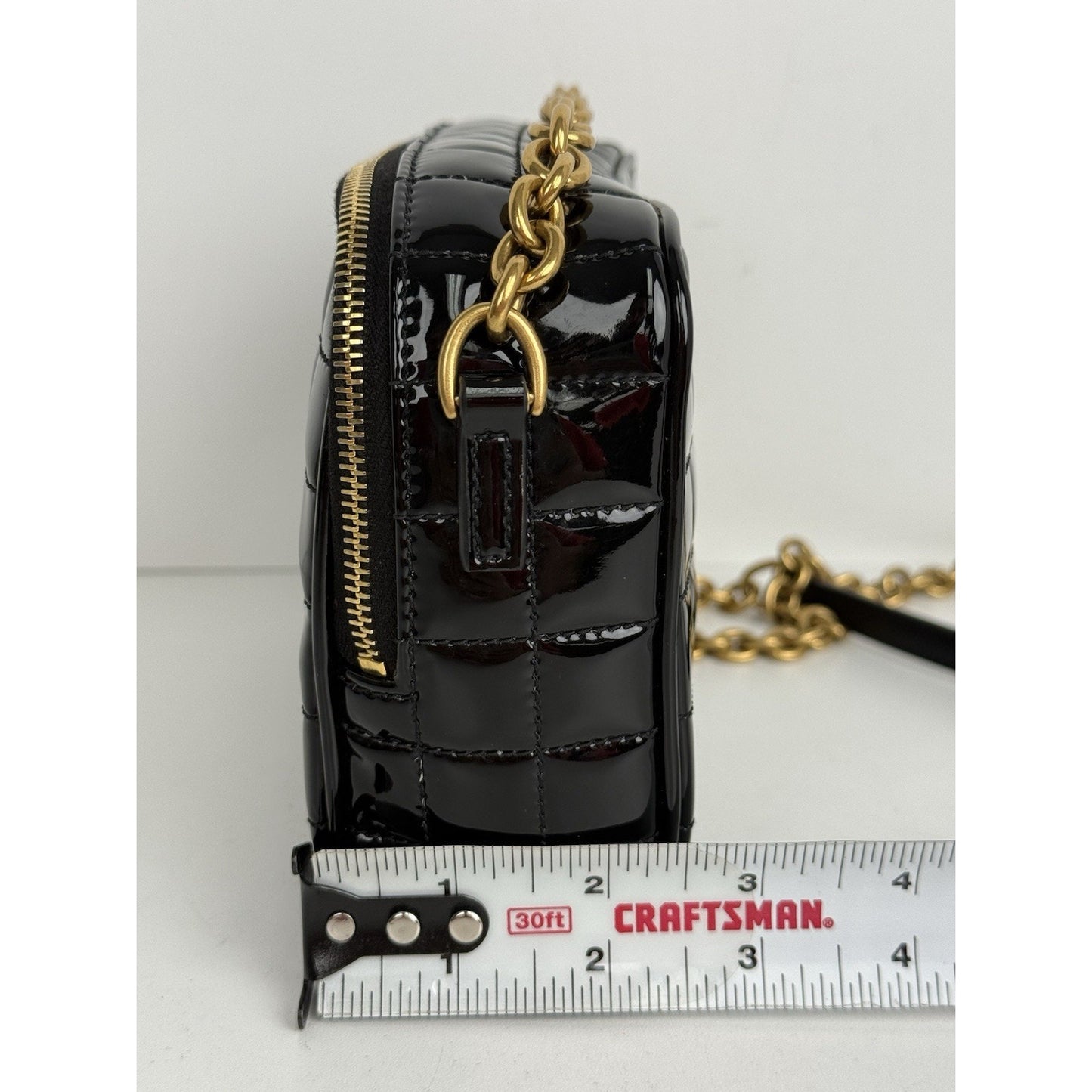 Saint Laurent Patent Calfskin Carré Quilted Cassandre Mini Camera Bag Black