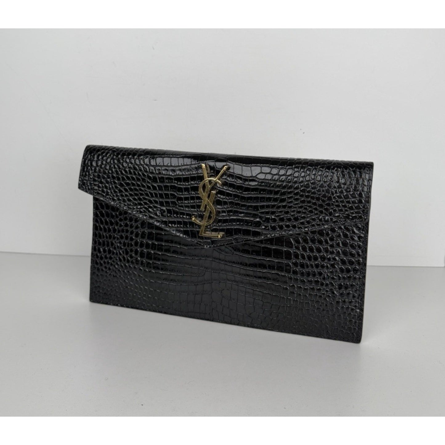 Saint Laurent Uptown Envelope Pouch Bag in Black Croc-Embossed Leather S15