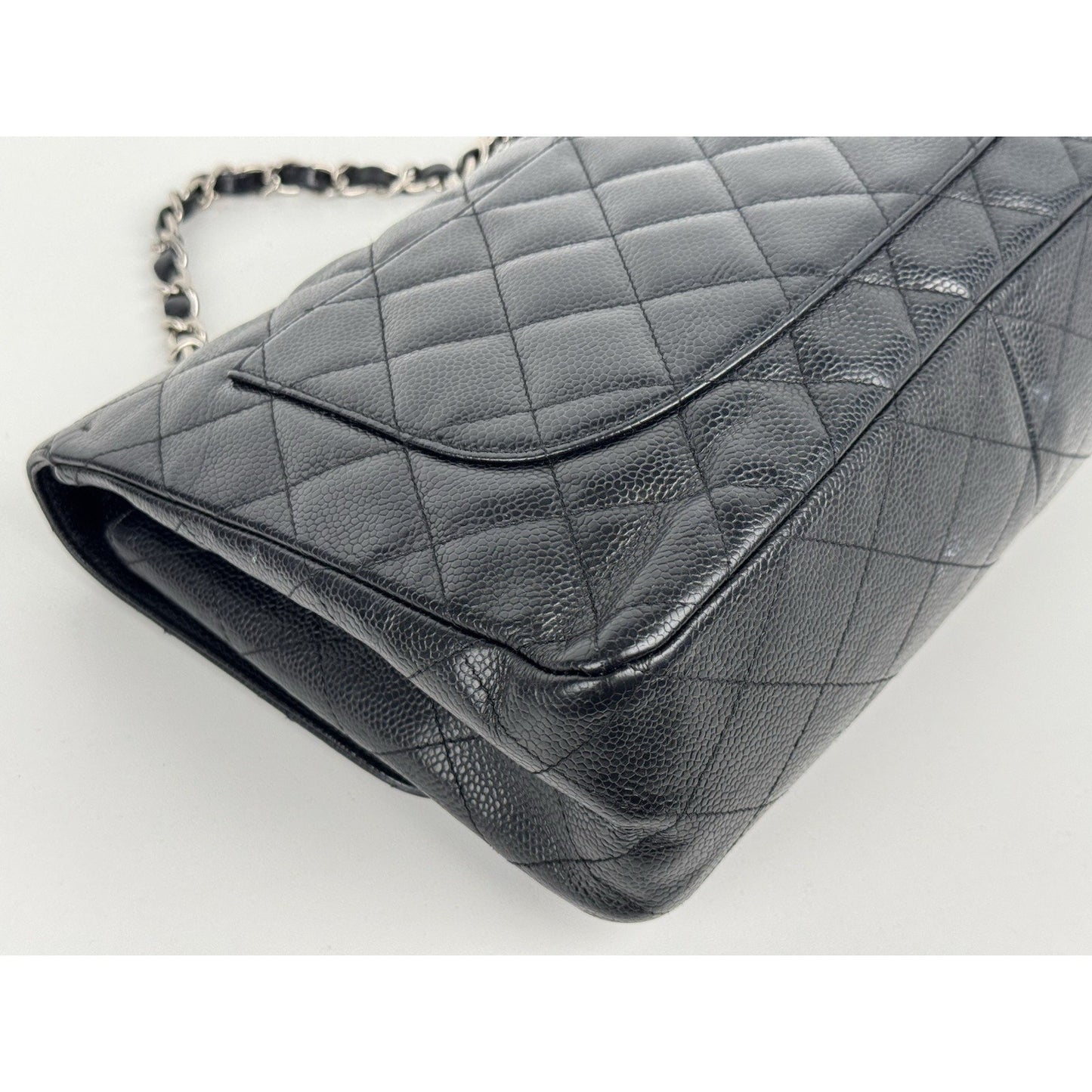 Chanel Jumbo Classic Single Flap Bag in Black Caviar Leather w Silver Hardware