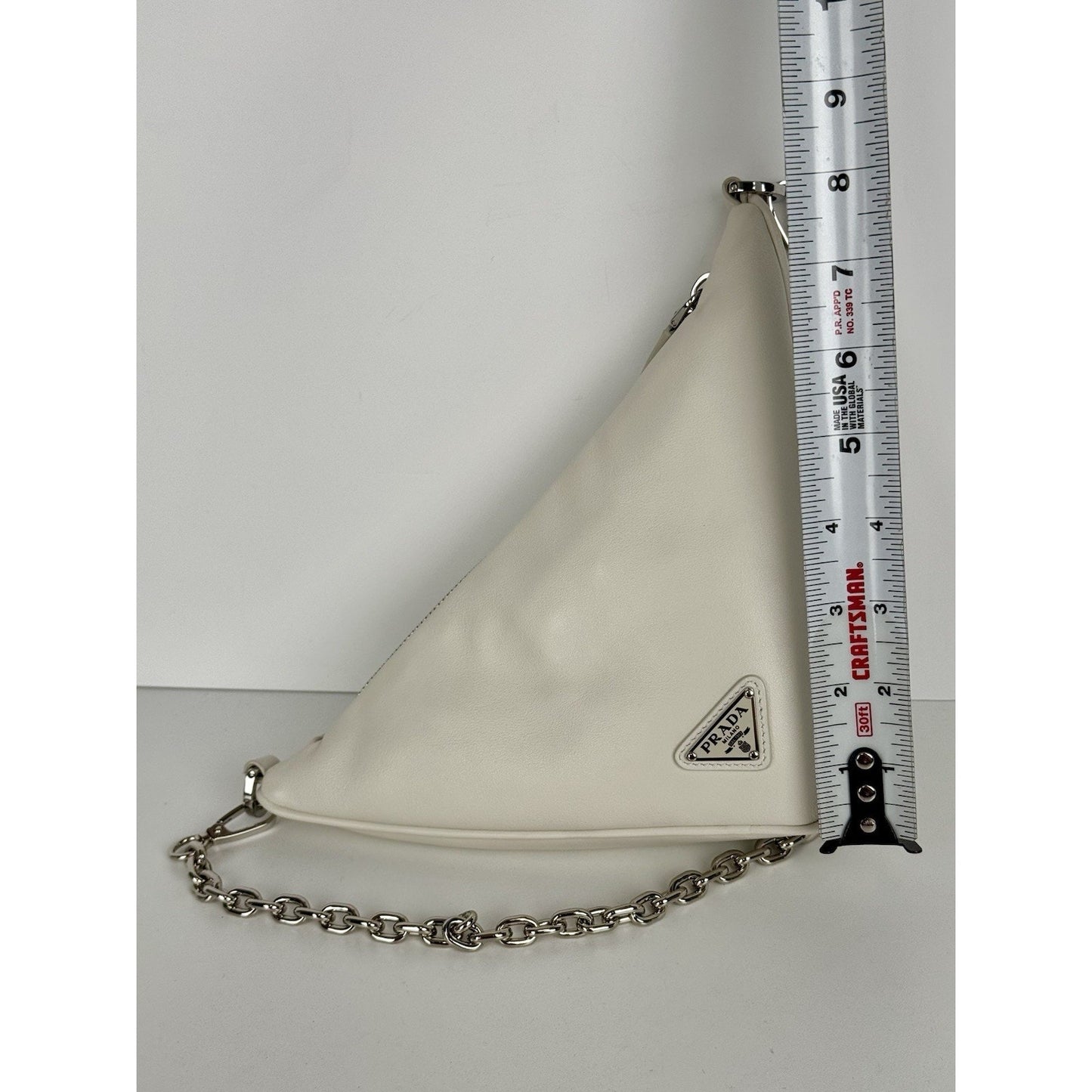 Prada Triangle Logo Shoulder Bag Ivory Leather Silver Hardware