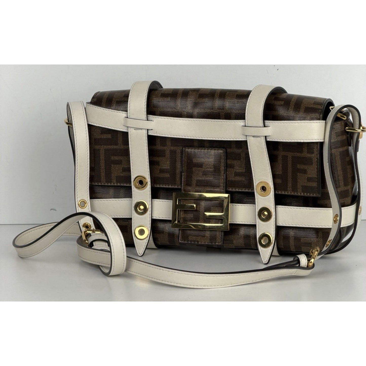 Fendi Zucca Glazed Fabric Cage Baguette Satchel in Tobacco Brown Canvas C2