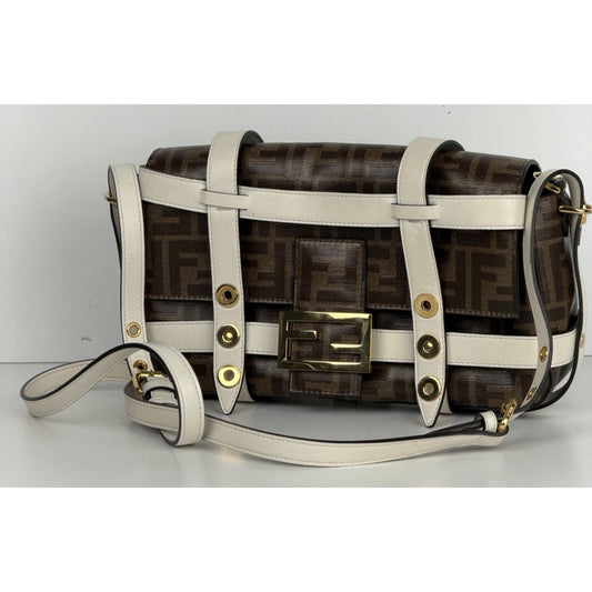 Fendi Zucca Glazed Fabric Cage Baguette Satchel in Tobacco Brown Canvas D5