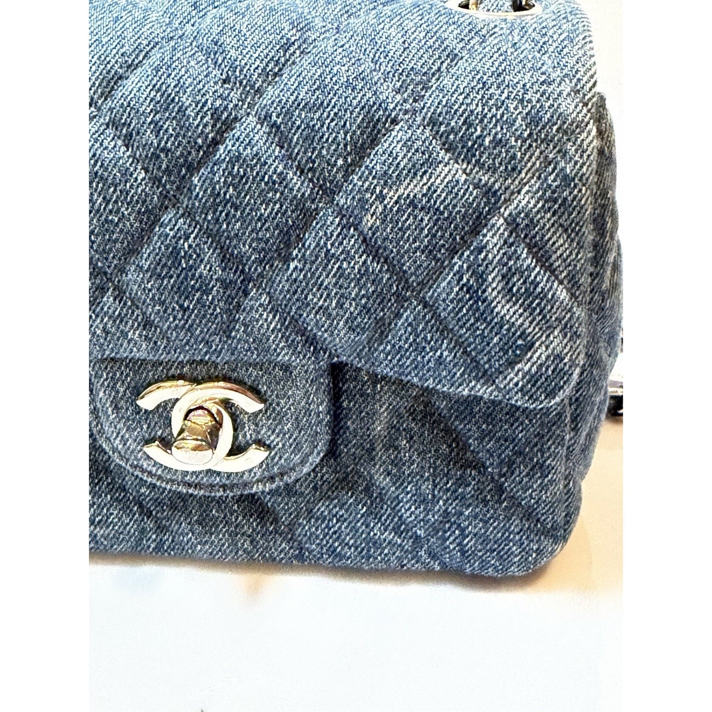 Chanel Square Classic Single Flap Bag Quilted CC Printed Denim Mini