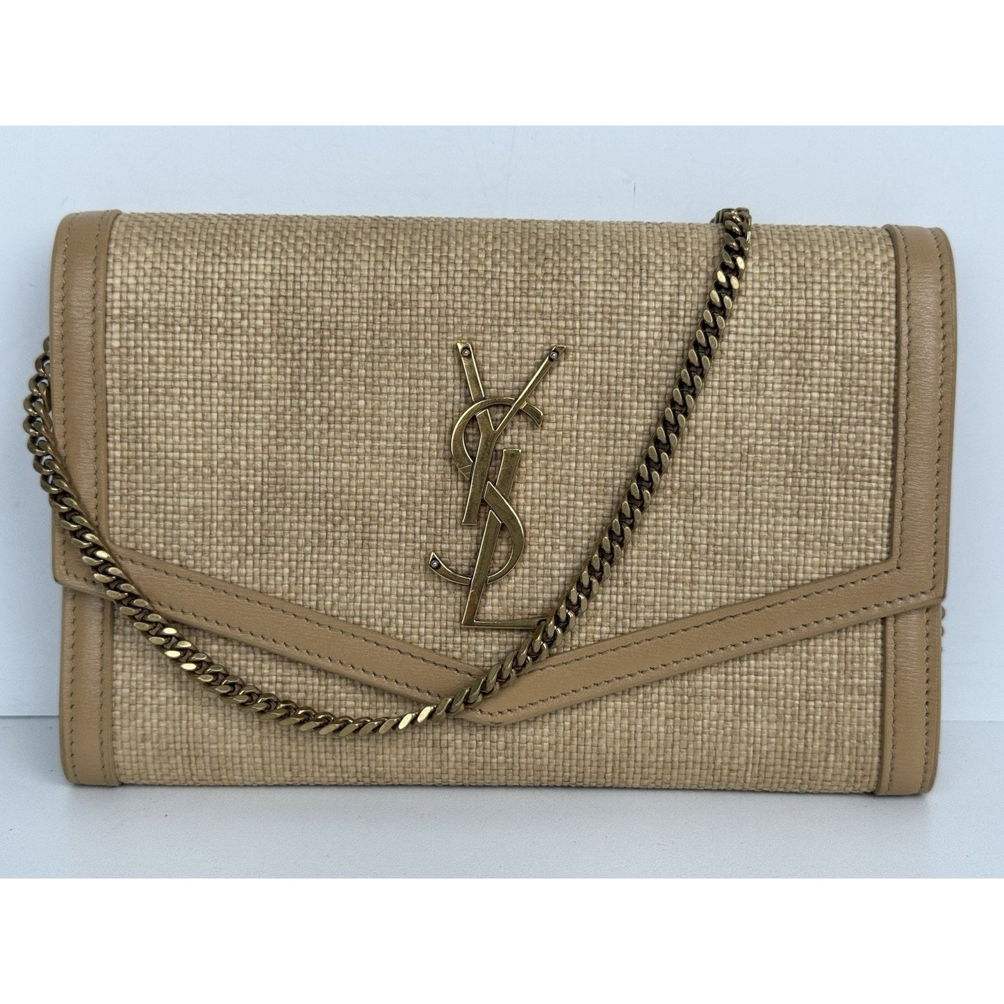 Saint Laurent Micro Raffia Monogram Uptown Chain Wallet – Natural Hay Blush