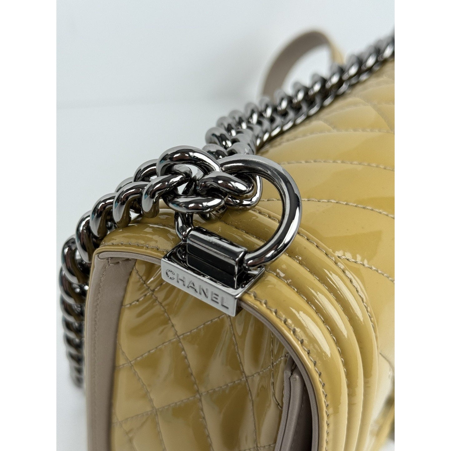 Chanel Boy Medium Chevron & Quilted Mustard Patent Leather Shoulder Bag