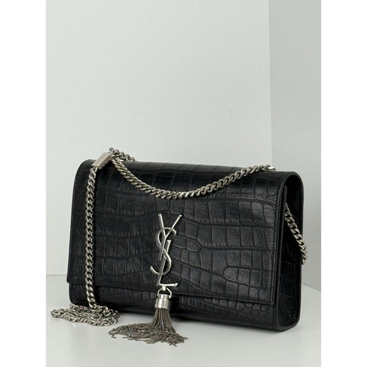 SAINT LAURENT Calfskin Crocodile Embossed Medium Kate Tassel Crossbody Black