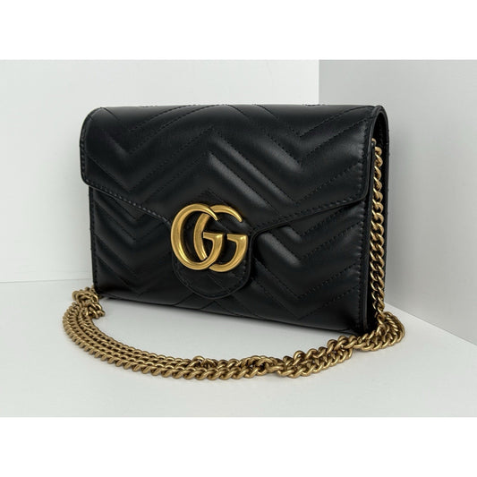 Gucci GG Marmont Black Matelassé Leather Shoulder Bag with Gold Chain