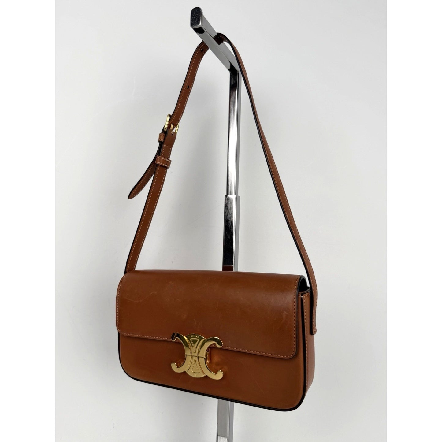 Celine Triomphe Claude Shoulder Bag in Natural Calfskin Leather Gold Hardware C5