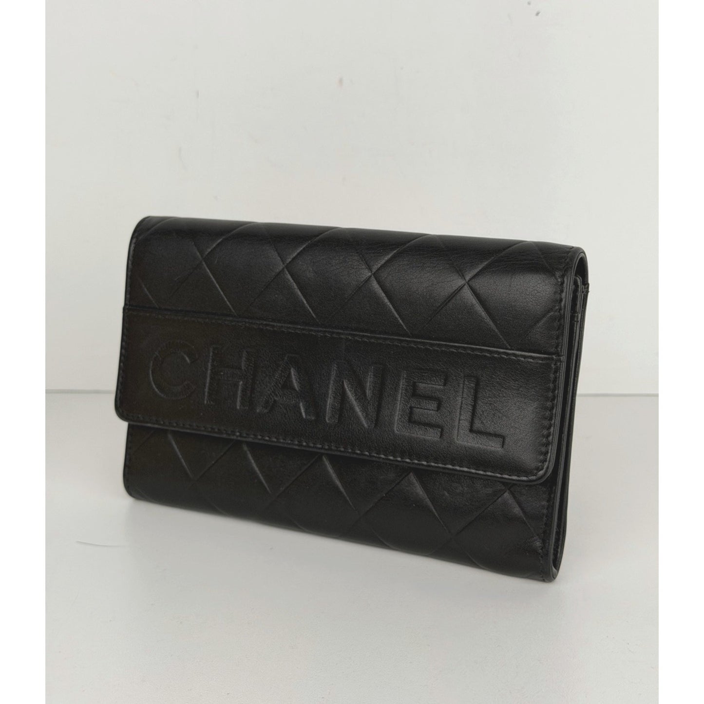 Chanel Embossed Lax Wallet in Black Lambskin Leather Vintage 2005-2006 K2