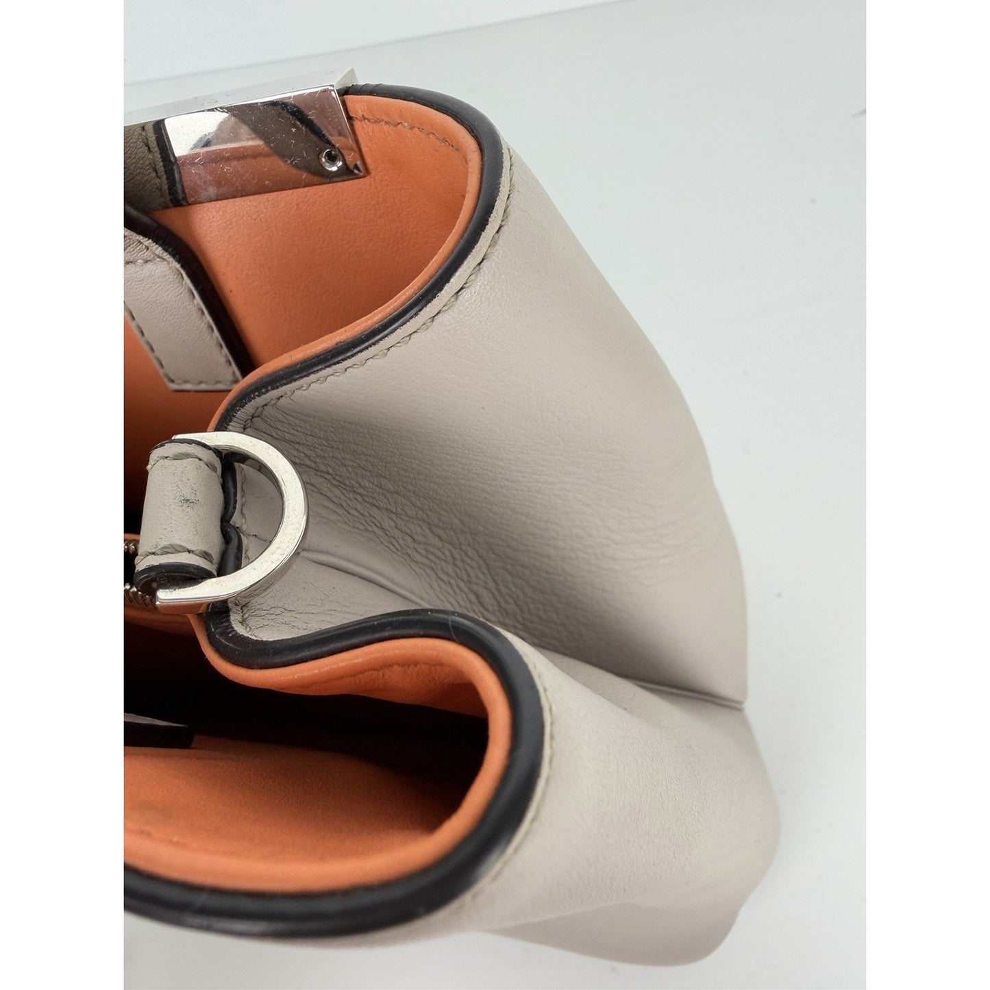 Fendi Petite 2Jours Tote Bag Neutral Gray Leather & Orange Leather Lining S