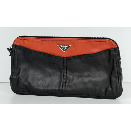 Prada Bicolor Leather Clutch Bag in Black and Orange Unisex S11