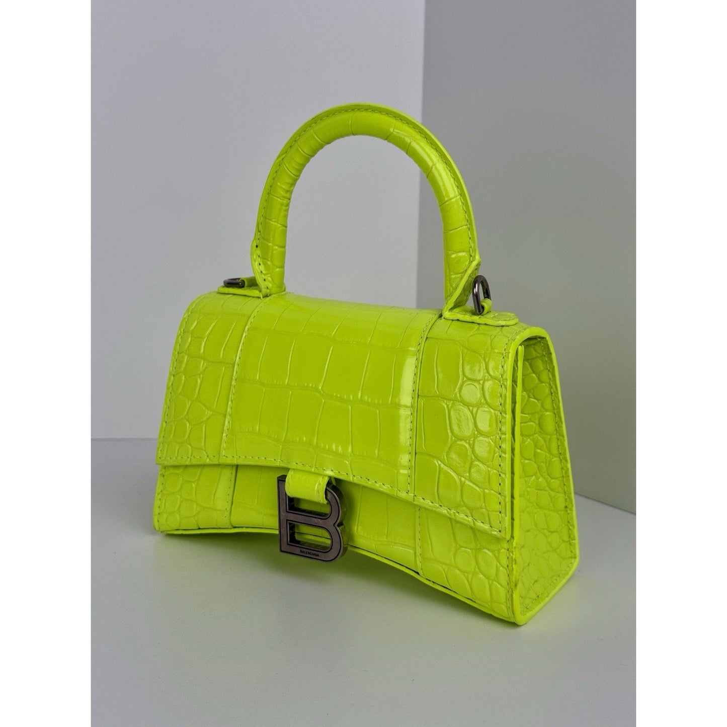 BALENCIAGA Crocodile Embossed Neon Green Leather Hourglass Top Handle Bag