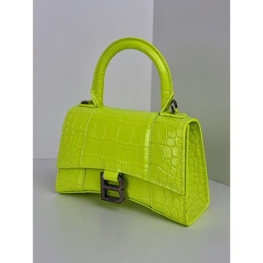 BALENCIAGA Crocodile Embossed Neon Green Leather Hourglass Top Handle Bag