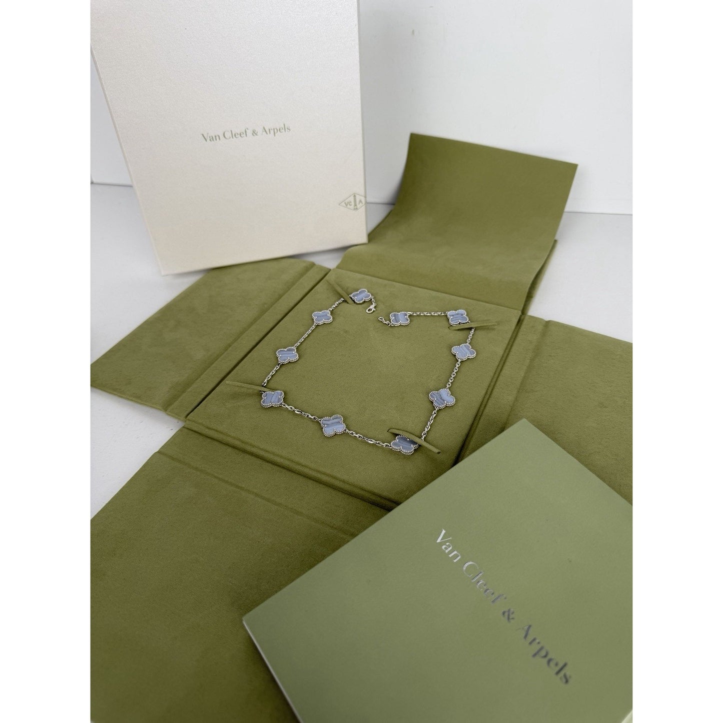 Van Cleef & Arpels Vintage Alhambra 10-Motif Necklace 18k White Gold Chalcedony
