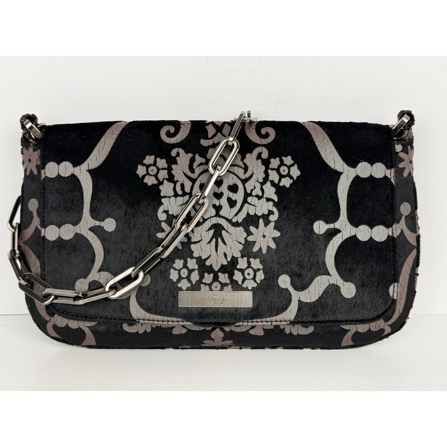Gucci Vintage Velvet Devore Chain Black Shoulder Bag