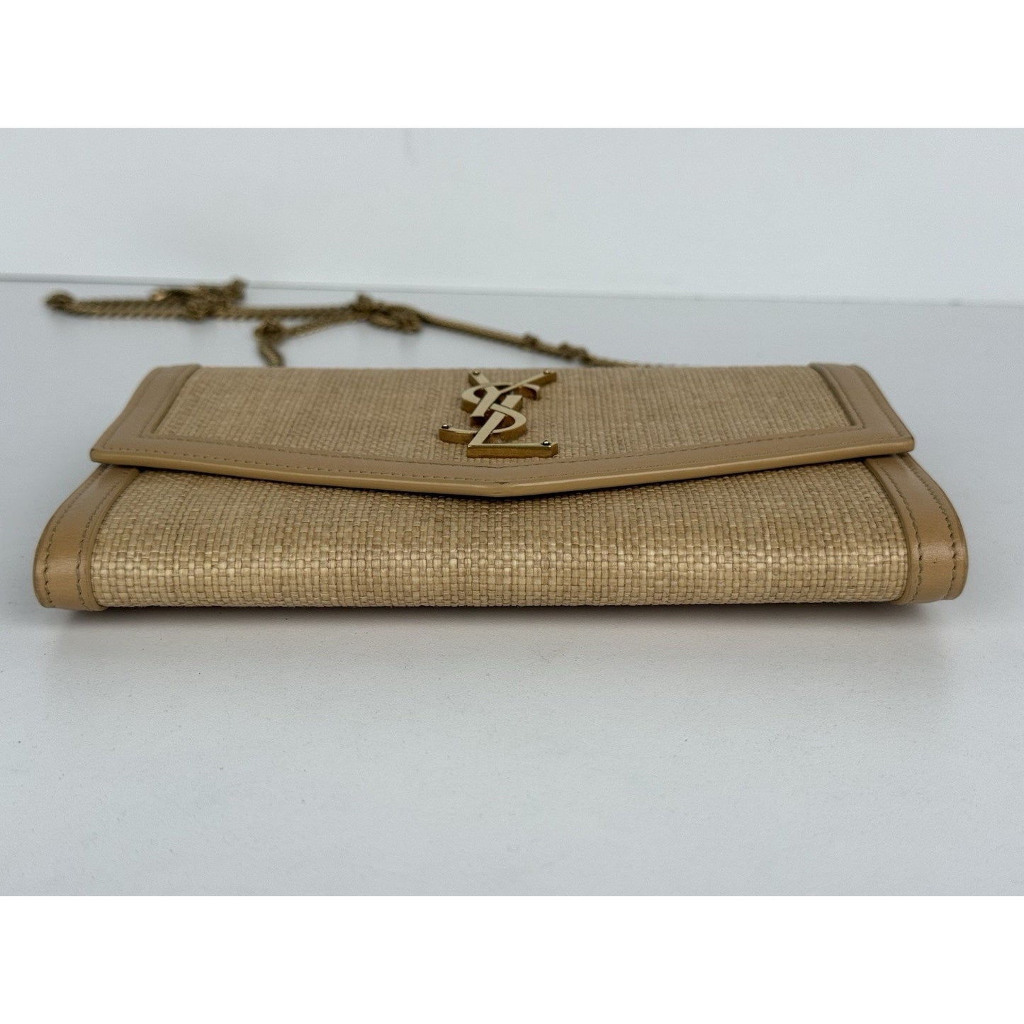 Saint Laurent Micro Raffia Monogram Uptown Chain Wallet – Natural Hay Blush