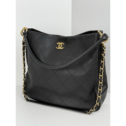 Chanel Black Quilted Leather Chains Strap Gold Hardware Hobo Bag