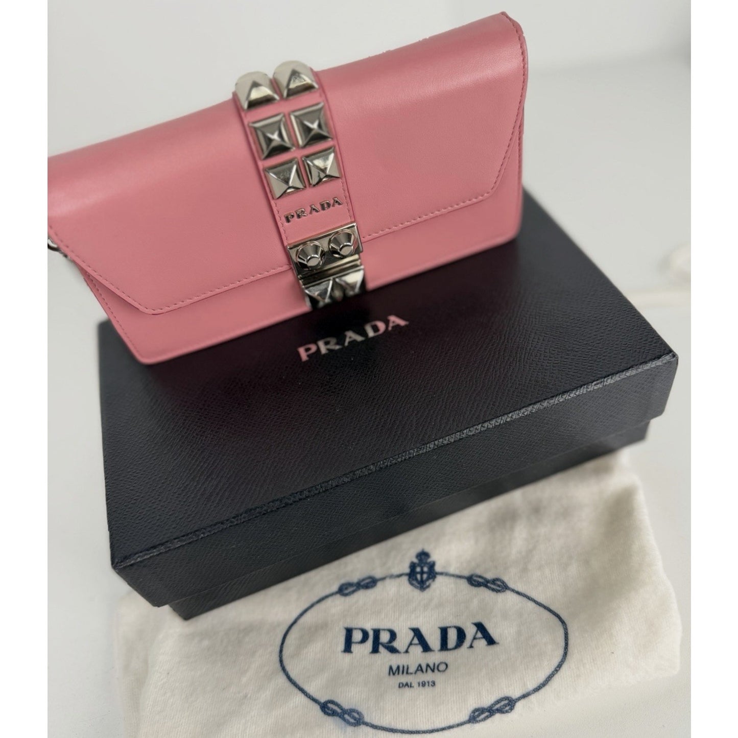 Prada City Elektra Crossbody Wallet on Chain Bag Mini in Pink Calfskin Studded S